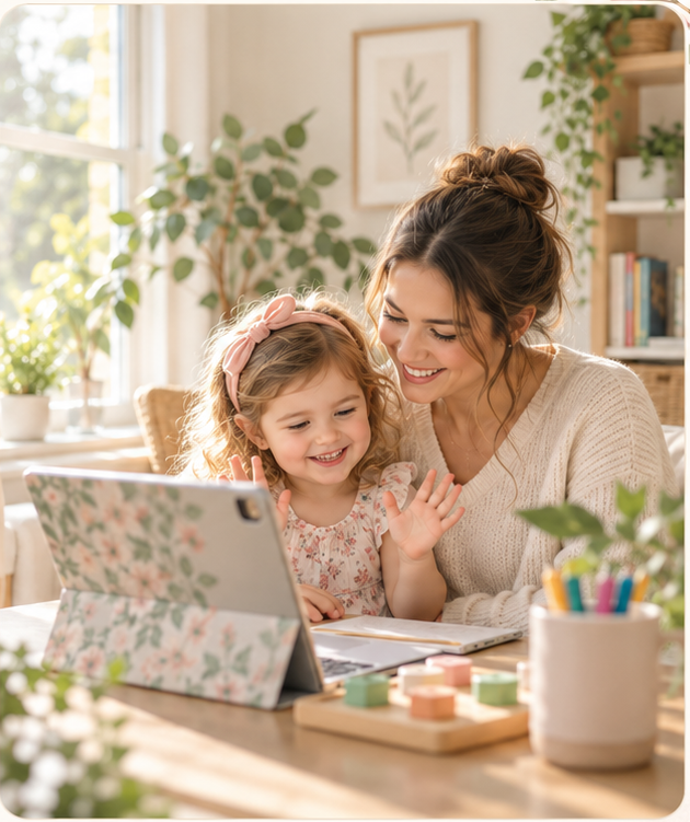 Mother and daughter participating together in virtual speech therapy