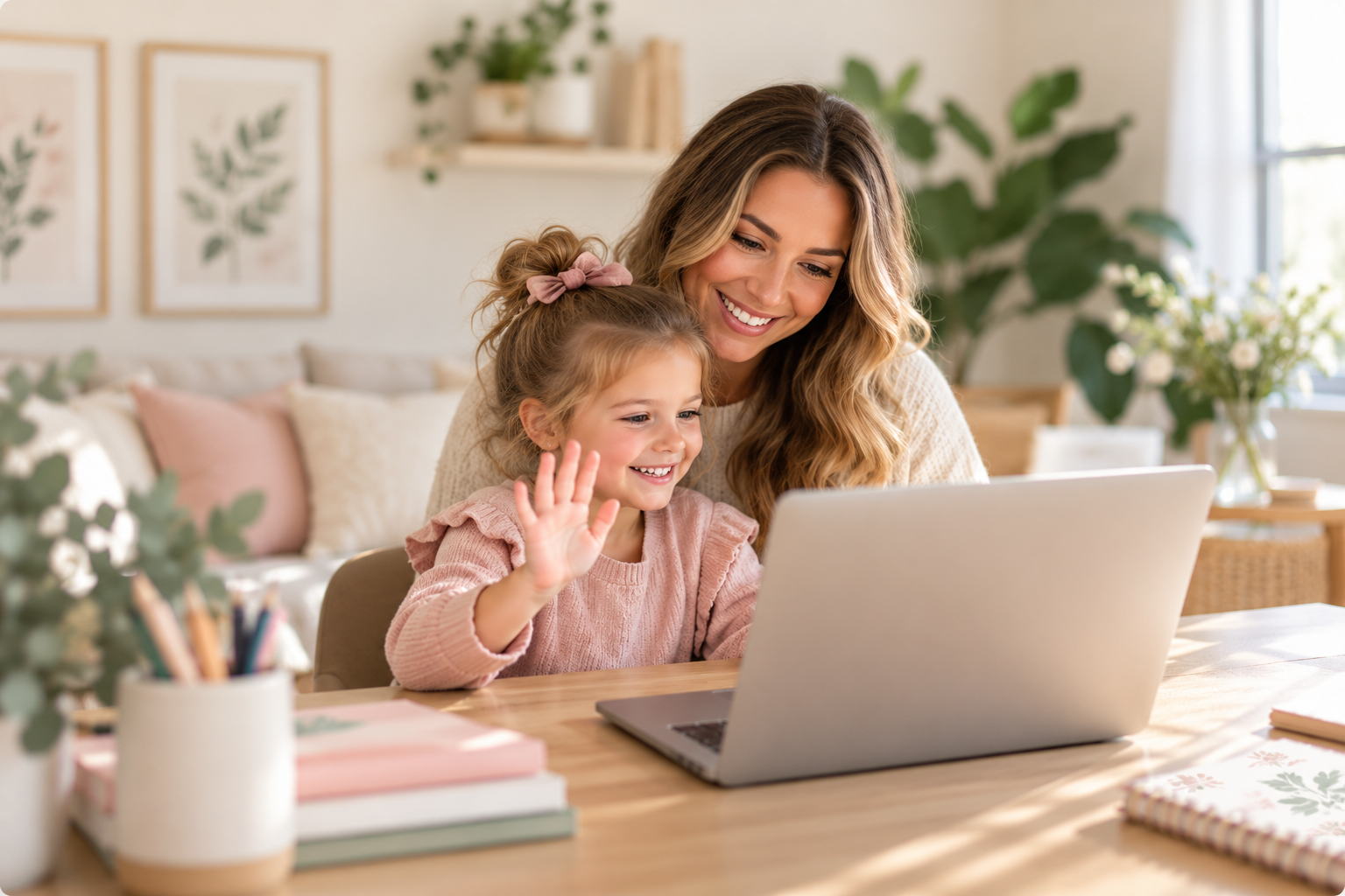 Mother and daughter participating in virtual speech therapy at home