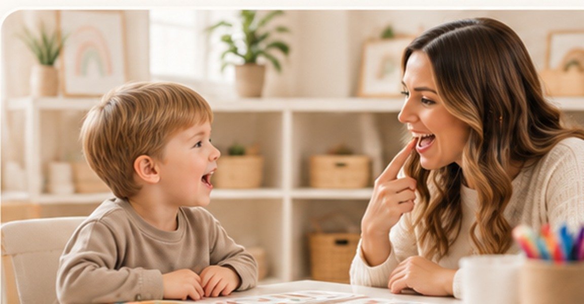 Child practicing speech sounds with a speech-language therapist